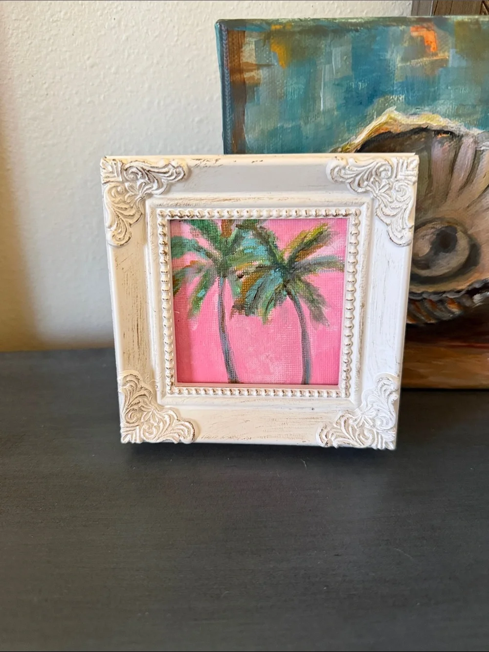 White Ornate Framed Mini Palm Painting - Pink & Green